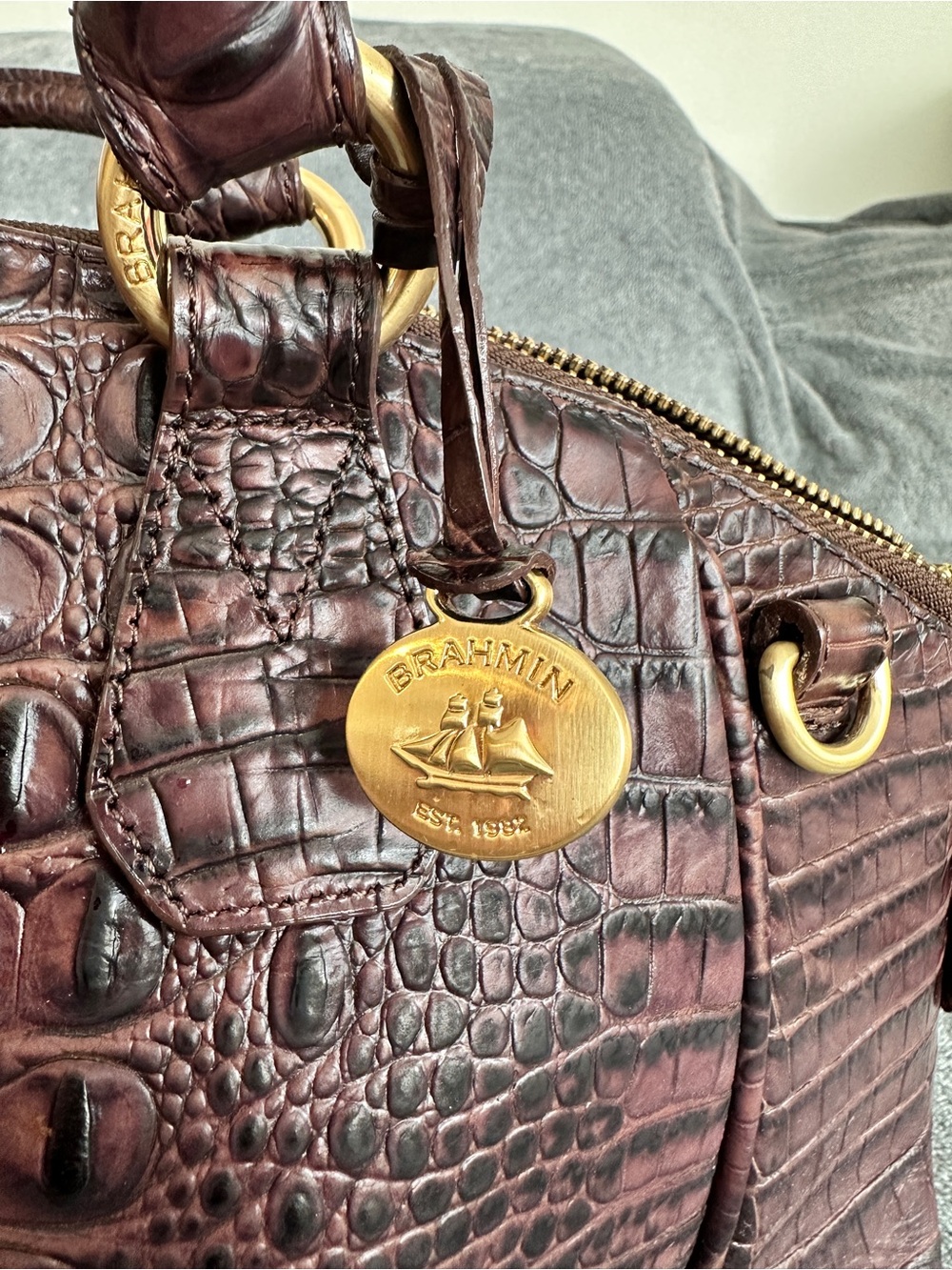 Brahmin Brown Croc Embossed Leather Shoulder Bag Tote Satchel Handbag - Picture 3 of 9
